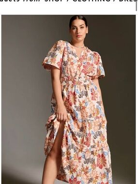 Anthropologie Peach-Pink Floral Puff-Sleeve Maxi Dress
